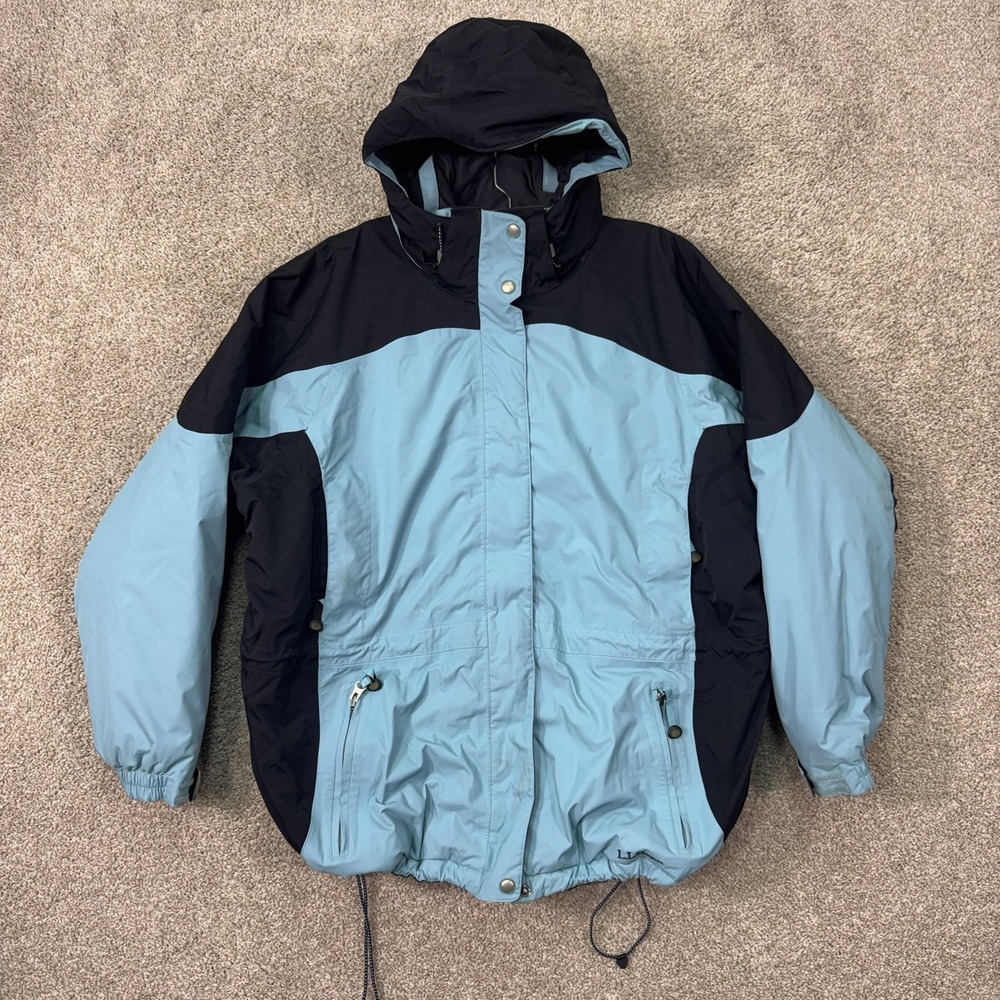 L.L. Bean Winter Jacket Womens Large Blue Black Hooded Insulated Ski Parka 0PH17